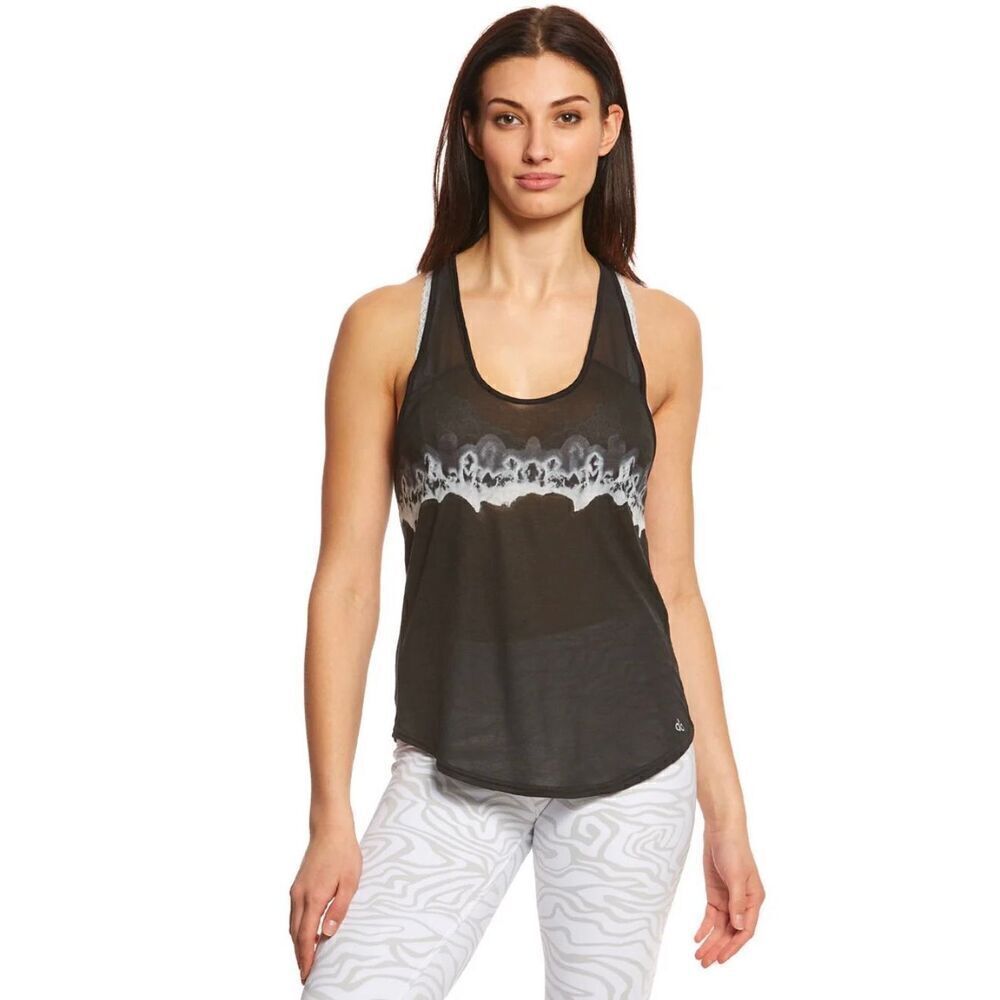 Alo Yoga ‘Verse’ Mesh Scoop Neck Tank Top in Black/White Size Medium